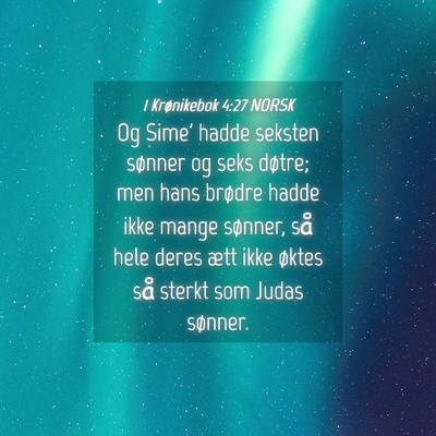 Picture 04 - 1 Krønikebok 4:27 NORSK - Og Sime' hadde seksten sønner og seks døtre; - Bible Verse Picture