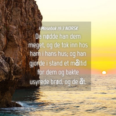 Picture 04 - 1 Mosebok 19:3 NORSK - Da nødde han dem meget, og de tok inn hos ham i - Bible Verse Picture