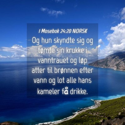 Picture 04 - 1 Mosebok 24:20 NORSK - Og hun skyndte sig og tømte sin krukke i - Bible Verse Picture