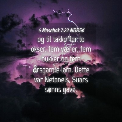 Picture 04 - 4 Mosebok 7:23 NORSK - og til takkoffer to okser, fem værer, fem bukker - Bible Verse Picture
