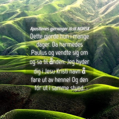 Picture 04 - Apostlenes gjerninger 16:18 NORSK - Dette gjorde hun i mange dager. Da harmedes - Bible Verse Picture