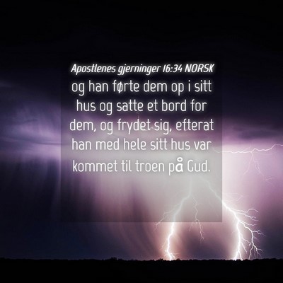Picture 04 - Apostlenes gjerninger 16:34 NORSK - og han førte dem op i sitt hus og satte et bord - Bible Verse Picture
