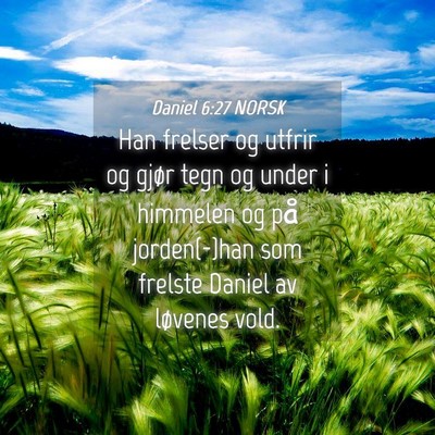 Picture 04 - Daniel 6:27 NORSK - Han frelser og utfrir og gjør tegn og under i - Bible Verse Picture