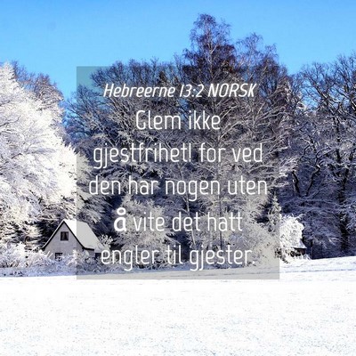Picture 04 - Hebreerne 13:2 NORSK - Glem ikke gjestfrihet! for ved den har nogen uten - Bible Verse Picture