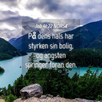 Picture 04 - Job 41:22 NORSK - På dens hals har styrken sin bolig, og angsten - Bible Verse Picture