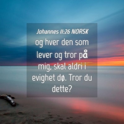Picture 04 - Johannes 11:26 NORSK - og hver den som lever og tror på mig, skal aldri - Bible Verse Picture
