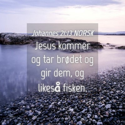 Picture 04 - Johannes 21:13 NORSK - Jesus kommer og tar brødet og gir dem, og - Bible Verse Picture
