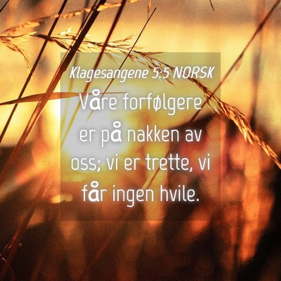 Picture 04 - Klagesangene 5:5 NORSK - Våre forfølgere er på nakken av oss; vi er - Bible Verse Picture