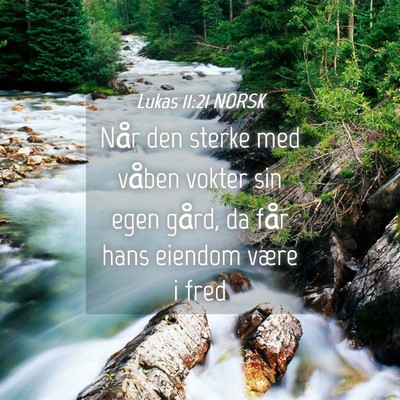 Picture 04 - Lukas 11:21 NORSK - Når den sterke med våben vokter sin egen gård, - Bible Verse Picture