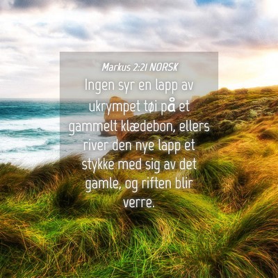 Picture 04 - Markus 2:21 NORSK - Ingen syr en lapp av ukrympet tøi på et gammelt - Bible Verse Picture