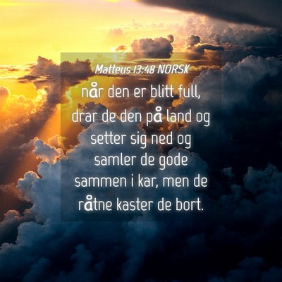 Picture 04 - Matteus 13:48 NORSK - når den er blitt full, drar de den på land og - Bible Verse Picture