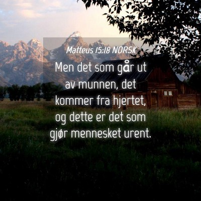 Picture 04 - Matteus 15:18 NORSK - Men det som går ut av munnen, det kommer fra - Bible Verse Picture