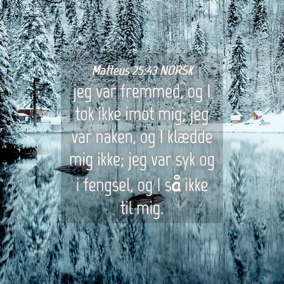 Picture 04 - Matteus 25:43 NORSK - jeg var fremmed, og I tok ikke imot mig; jeg var - Bible Verse Picture