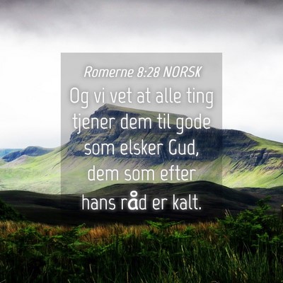 Picture 04 - Romerne 8:28 NORSK - Og vi vet at alle ting tjener dem til gode som - Bible Verse Picture