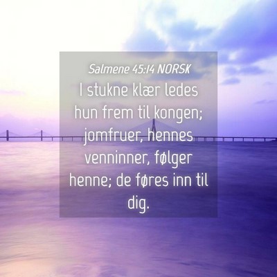 Picture 04 - Salmene 45:14 NORSK - I stukne klær ledes hun frem til kongen; - Bible Verse Picture