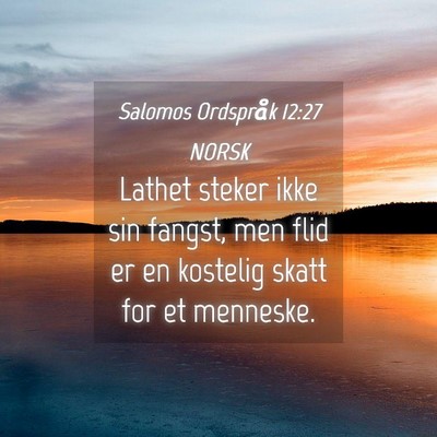Picture 04 - Salomos Ordspråk 12:27 NORSK - Lathet steker ikke sin fangst, men flid er en - Bible Verse Picture