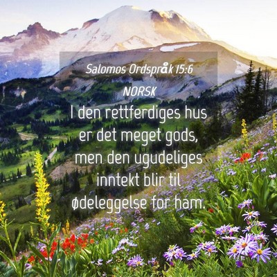 Picture 04 - Salomos Ordspråk 15:6 NORSK - I den rettferdiges hus er det meget gods, men den - Bible Verse Picture