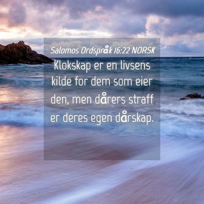 Picture 04 - Salomos Ordspråk 16:22 NORSK - Klokskap er en livsens kilde for dem som eier - Bible Verse Picture