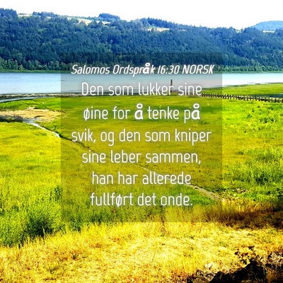 Picture 04 - Salomos Ordspråk 16:30 NORSK - Den som lukker sine øine for å tenke på svik, - Bible Verse Picture