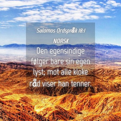 Picture 04 - Salomos Ordspråk 18:1 NORSK - Den egensindige følger bare sin egen lyst; mot - Bible Verse Picture