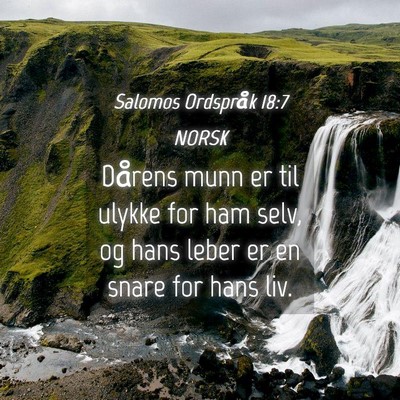 Picture 04 - Salomos Ordspråk 18:7 NORSK - Dårens munn er til ulykke for ham selv, og hans - Bible Verse Picture
