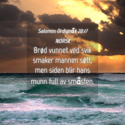Picture 04 - Salomos Ordspråk 20:17 NORSK - Brød vunnet ved svik smaker mannen søtt, men - Bible Verse Picture