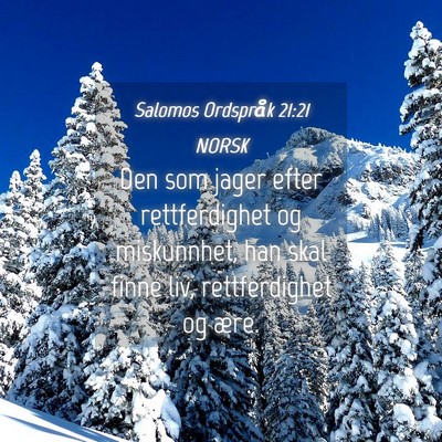 Picture 04 - Salomos Ordspråk 21:21 NORSK - Den som jager efter rettferdighet og miskunnhet, - Bible Verse Picture