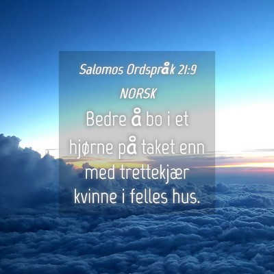 Picture 04 - Salomos Ordspråk 21:9 NORSK - Bedre å bo i et hjørne på taket enn med - Bible Verse Picture