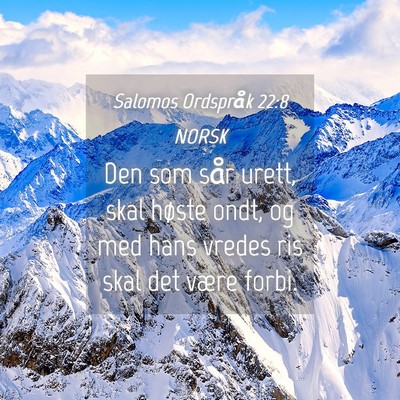 Picture 04 - Salomos Ordspråk 22:8 NORSK - Den som sår urett, skal høste ondt, og med hans - Bible Verse Picture