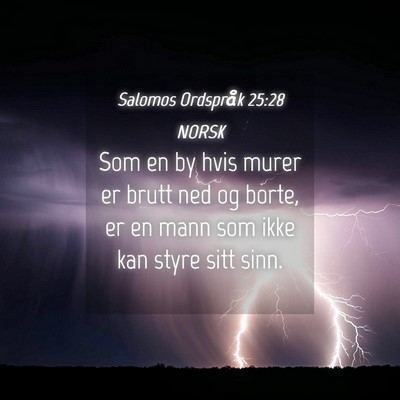 Picture 04 - Salomos Ordspråk 25:28 NORSK - Som en by hvis murer er brutt ned og borte, er en - Bible Verse Picture