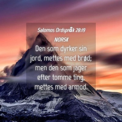 Picture 04 - Salomos Ordspråk 28:19 NORSK - Den som dyrker sin jord, mettes med brød; men - Bible Verse Picture