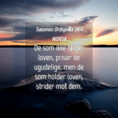 Picture 04 - Salomos Ordspråk 28:4 NORSK - De som ikke følger loven, priser de ugudelige, - Bible Verse Picture