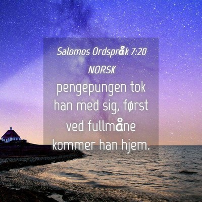 Picture 04 - Salomos Ordspråk 7:20 NORSK - pengepungen tok han med sig, først ved fullmåne - Bible Verse Picture
