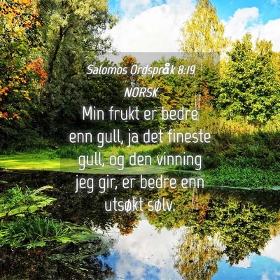 Picture 04 - Salomos Ordspråk 8:19 NORSK - Min frukt er bedre enn gull, ja det fineste gull, - Bible Verse Picture