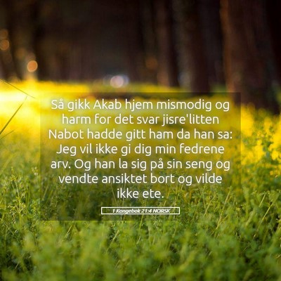 Picture 05 - 1 Kongebok 21:4 NORSK - Så gikk Akab hjem mismodig og harm for det svar - Bible Verse Picture