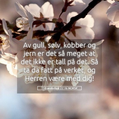 Picture 05 - 1 Krønikebok 22:16 NORSK - Av gull, sølv, kobber og jern er det så meget - Bible Verse Picture