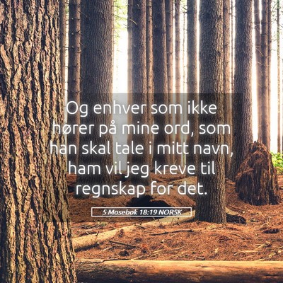 Picture 05 - 5 Mosebok 18:19 NORSK - Og enhver som ikke hører på mine ord, som han - Bible Verse Picture