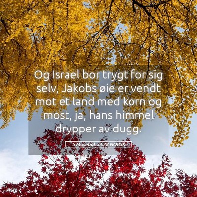 Picture 05 - 5 Mosebok 33:28 NORSK - Og Israel bor trygt for sig selv, Jakobs øie er - Bible Verse Picture