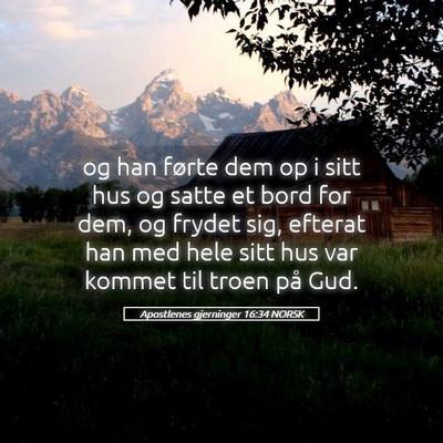 Picture 05 - Apostlenes gjerninger 16:34 NORSK - og han førte dem op i sitt hus og satte et bord - Bible Verse Picture