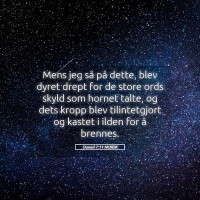 Picture 05 - Daniel 7:11 NORSK - Mens jeg så på dette, blev dyret drept for de - Bible Verse Picture