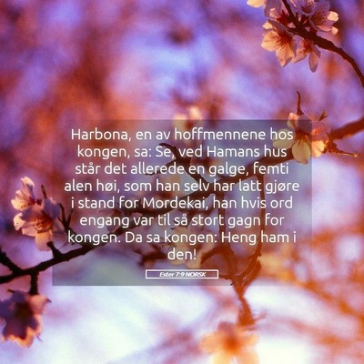 Picture 05 - Ester 7:9 NORSK - Harbona, en av hoffmennene hos kongen, sa: Se, - Bible Verse Picture