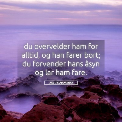 Picture 05 - Job 14:20 NORSK - du overvelder ham for alltid, og han farer bort; - Bible Verse Picture