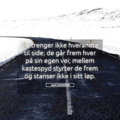 Picture 05 - Joel 2:8 NORSK - De trenger ikke hverandre til side; de går frem - Bible Verse Picture