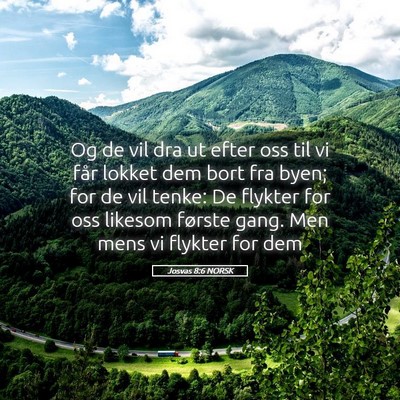 Picture 05 - Josvas 8:6 NORSK - Og de vil dra ut efter oss til vi får lokket dem - Bible Verse Picture