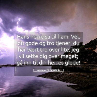 Picture 05 - Matteus 25:21 NORSK - Hans herre sa til ham: Vel, du gode og tro - Bible Verse Picture
