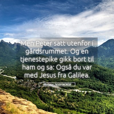 Picture 05 - Matteus 26:69 NORSK - Men Peter satt utenfor i gårdsrummet. Og en - Bible Verse Picture