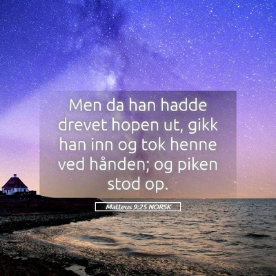 Picture 05 - Matteus 9:25 NORSK - Men da han hadde drevet hopen ut, gikk han inn og - Bible Verse Picture