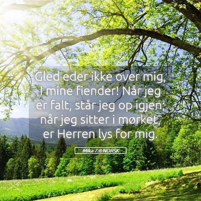 Picture 05 - Mika 7:8 NORSK - Gled eder ikke over mig, I mine fiender! Når jeg - Bible Verse Picture