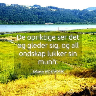 Picture 05 - Salmene 107:42 NORSK - De opriktige ser det og gleder sig, og all - Bible Verse Picture
