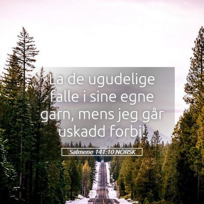 Picture 05 - Salmene 141:10 NORSK - La de ugudelige falle i sine egne garn, mens jeg - Bible Verse Picture